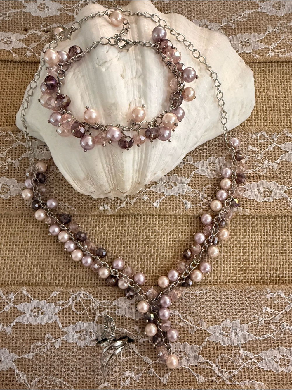 Elegant Pink Pearl & Mauve Crystal Necklace silver tone ring and Bracelet Set - Picture 1 of 2